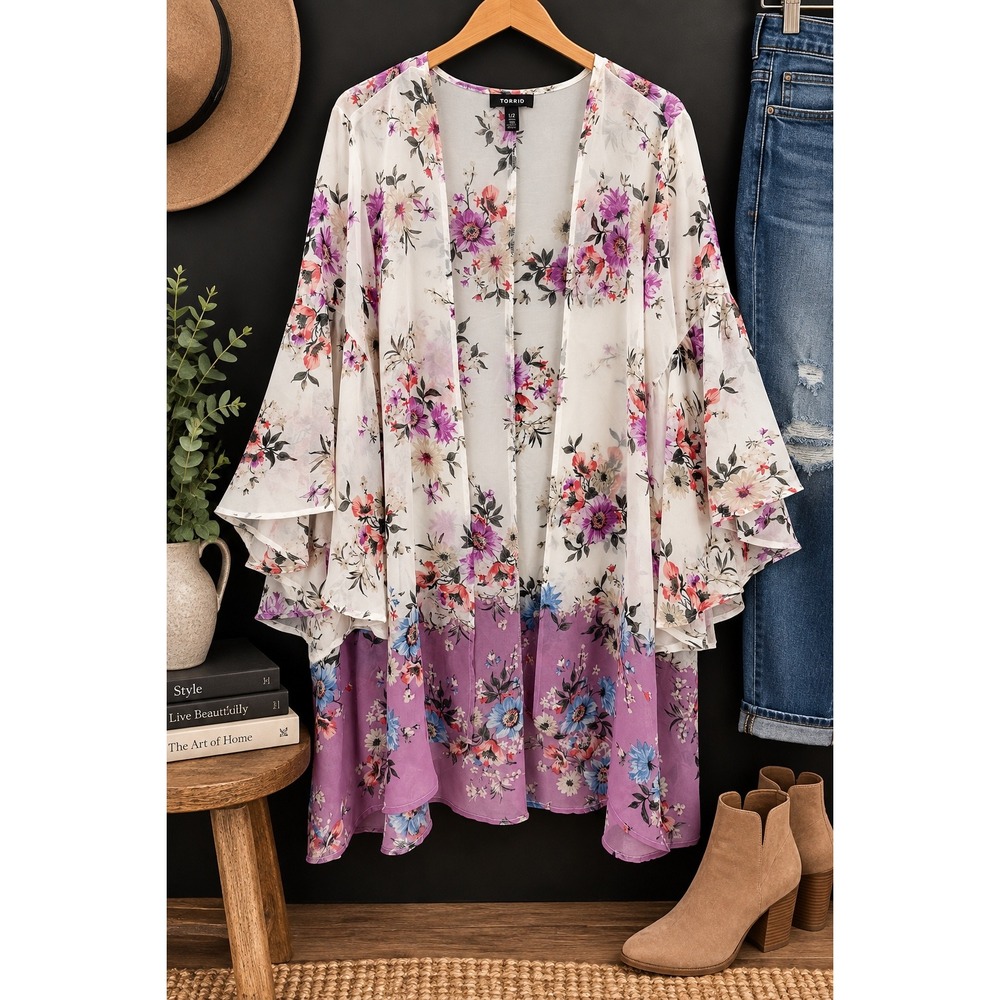 Torrid Floral Kimono Cardigan Bell Sleeve Size 1/2 Purple Sheer Chiffon Boho
